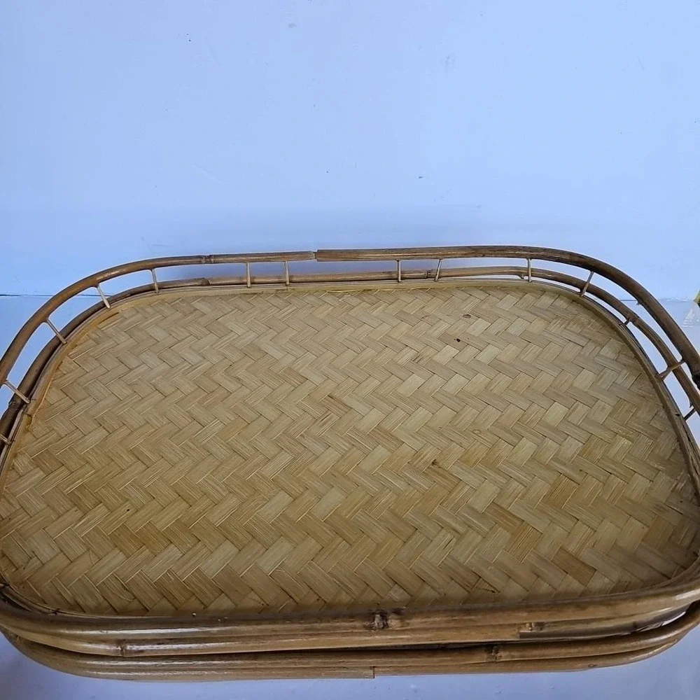 Vtg MCM Bamboo Wicker Lap Trays Tiki Bar Serving Tray Set of 5 Boho Shabby 1677